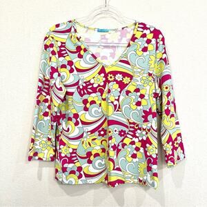 J. McLaughlin Catalina Cloth Floral Swirl V-Neck 3/4 Length Sleeve Blouse - XL
